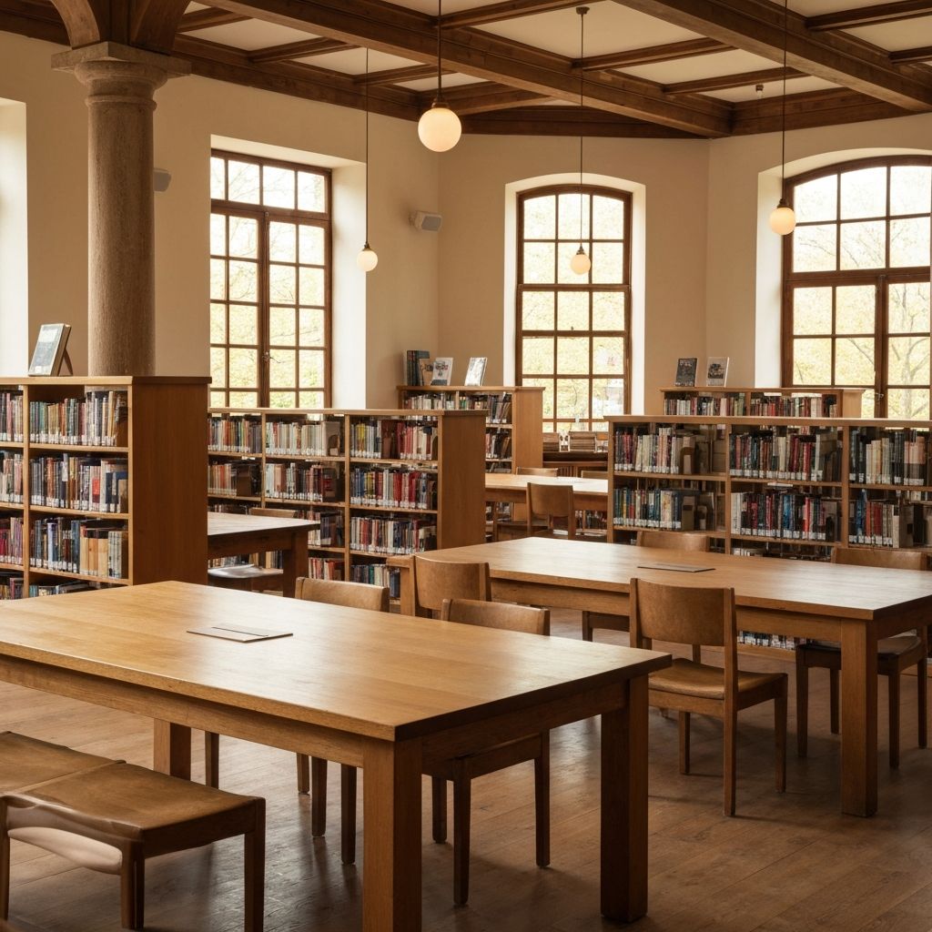 Interior luminoso de uma biblioteca ou sala de leitura com grandes janelas, mesas de madeira e luz natural suave, ambiente sereno e focado propício ao estudo e à aprendizagem