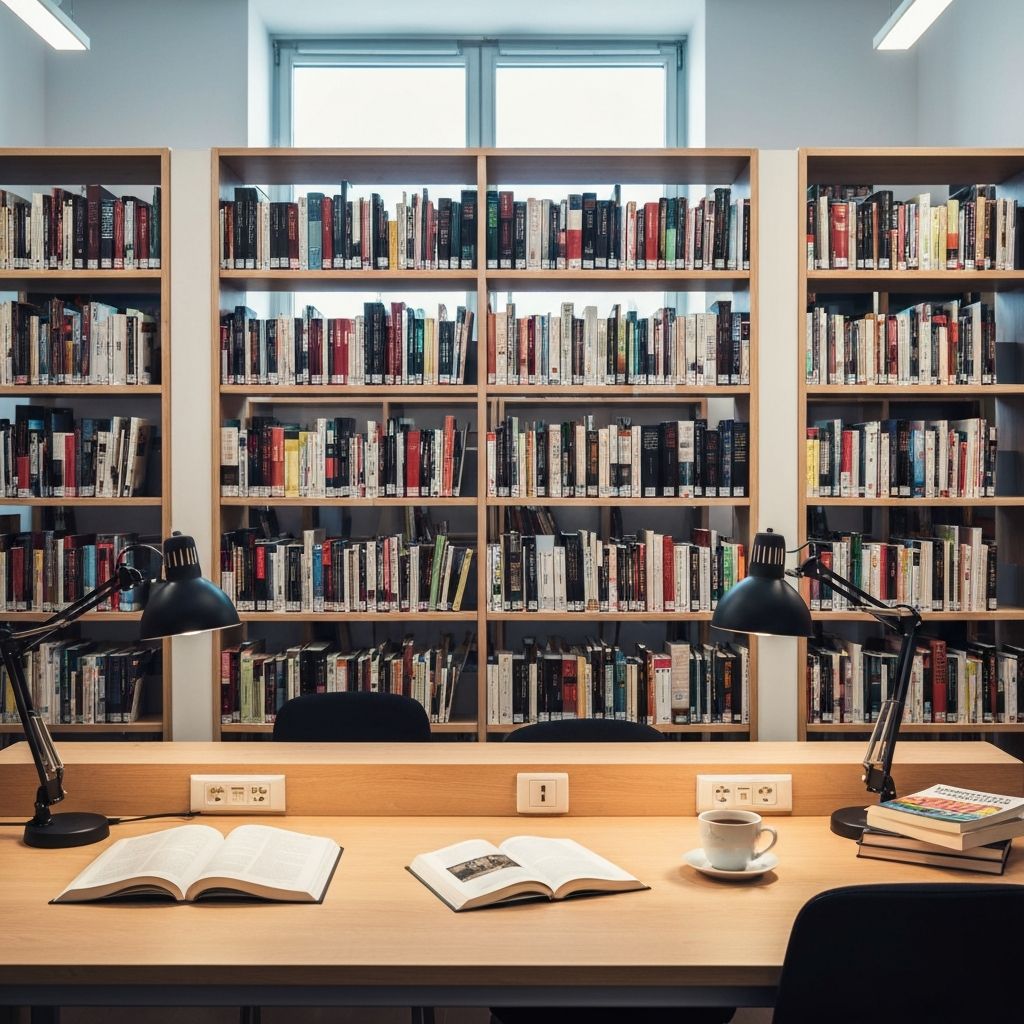Biblioteca moderna com estantes de livros ao fundo, mesa de trabalho com livros abertos e um copo de chá, luz quente de candeeiro de secretária, ambiente de estudo calmo e concentrado