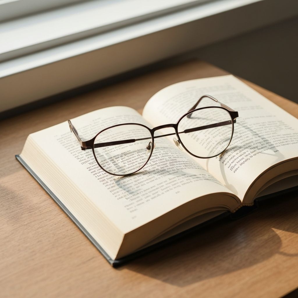 Par de óculos de leitura com armação redonda colocados sobre um livro aberto numa mesa de madeira clara, luz natural de janela lateral, composição simples e elegante