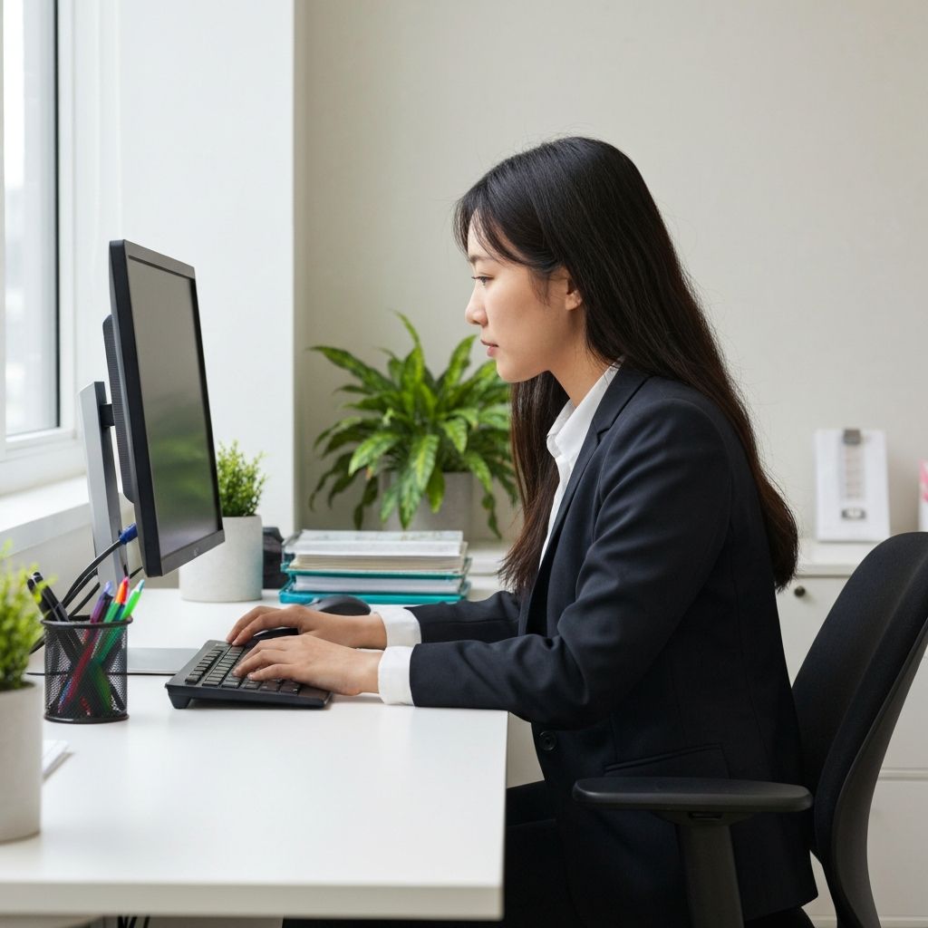 Secretária de trabalho organizada com monitor de computador em posição ergonómica, planta ao lado, luz natural lateral, sem objetos desordenados, ambiente calmo e funcional