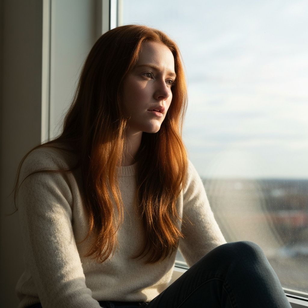 Mulher jovem sentada junto a uma janela luminosa, com expressão concentrada, olhando alternadamente para um ponto próximo e um ponto distante no horizonte exterior