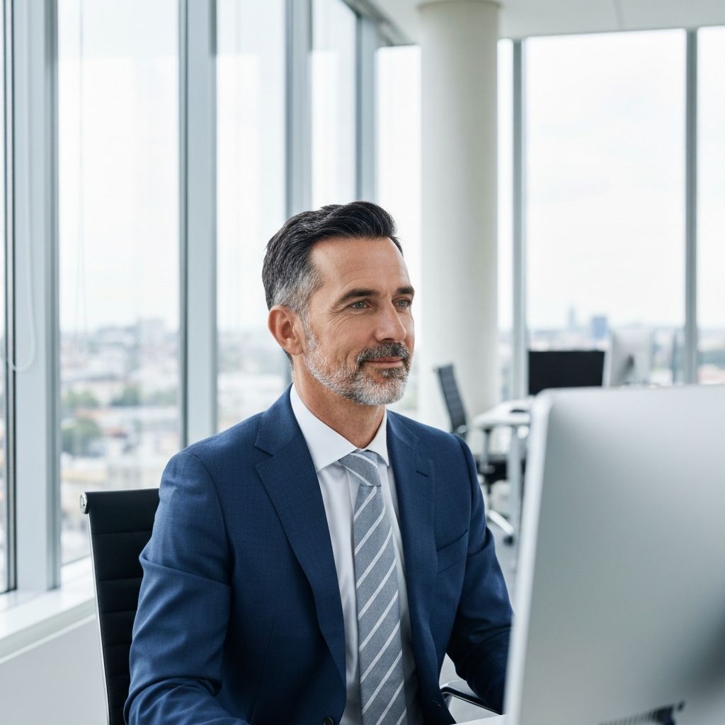 Homem de meia idade sentado em frente a um computador num escritório moderno, desviando o olhar para uma janela com vista para o exterior, expressão tranquila e relaxada